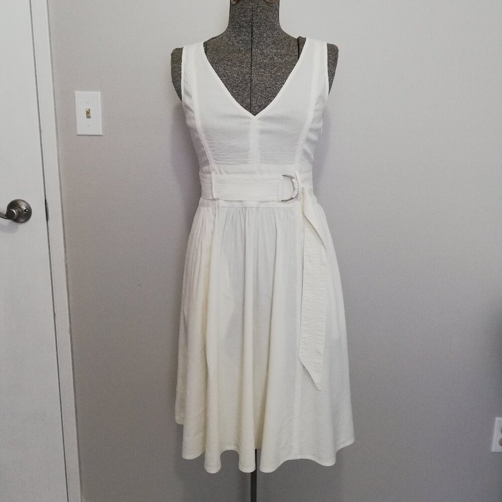 Theory White V-Neck Sleeveless Midi Dress with Belt - Picture 2 of 12